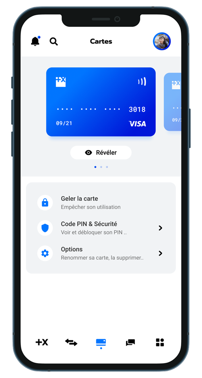 Card management tab of the app