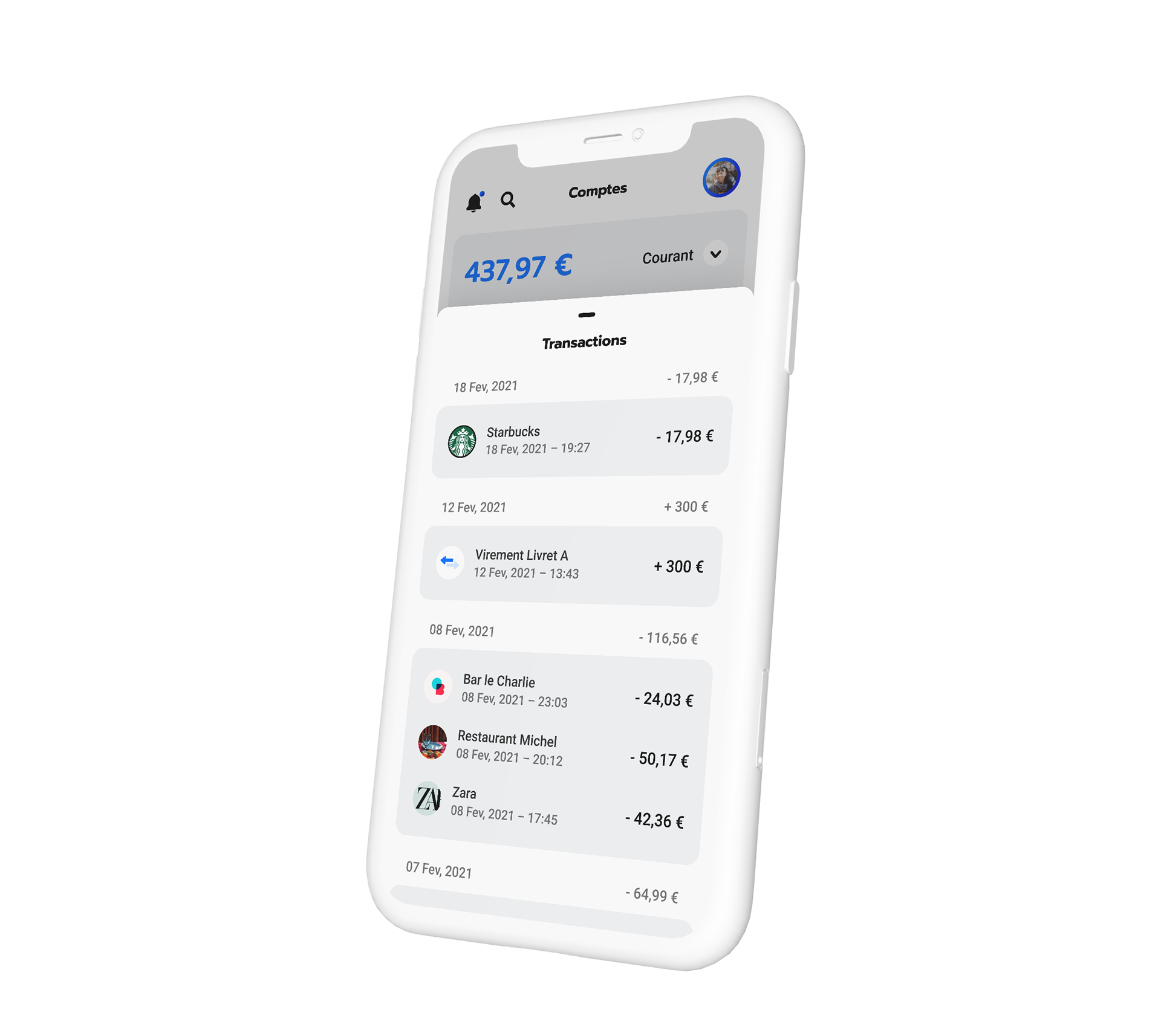 Mockup of one phones with transactions page