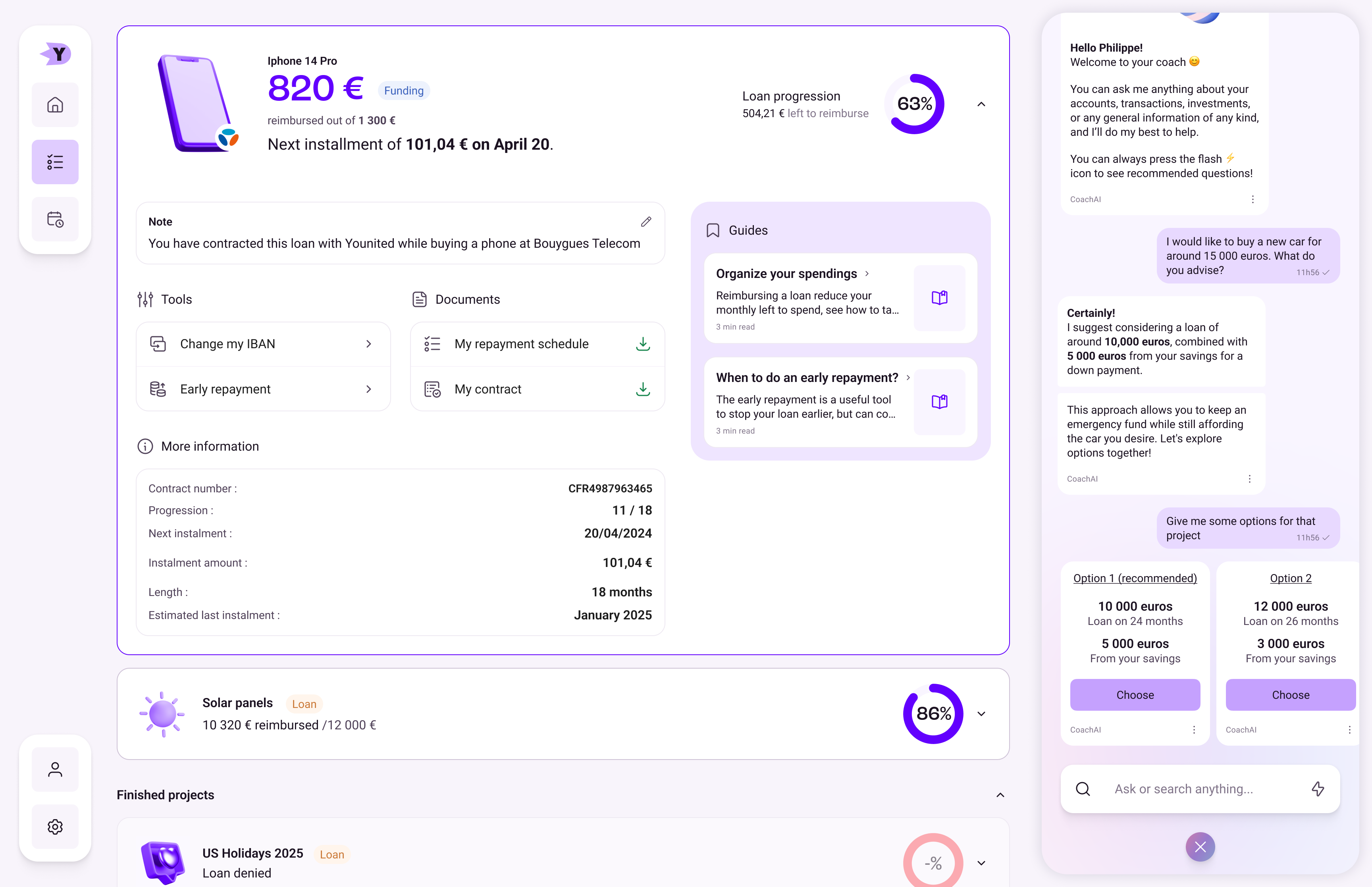 Project page with multiple projects, chat opened
