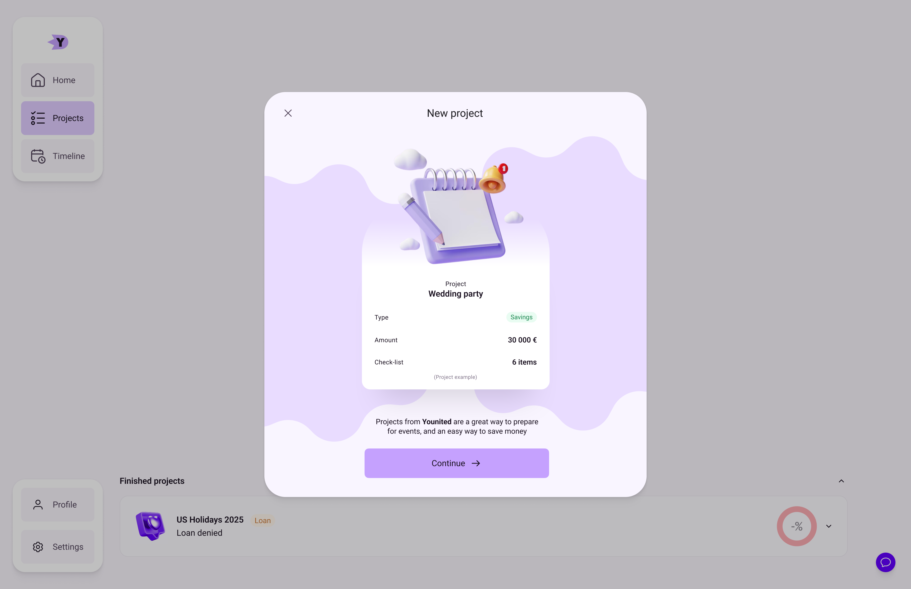 Project page, chat closed, and a popup to start creating a new project