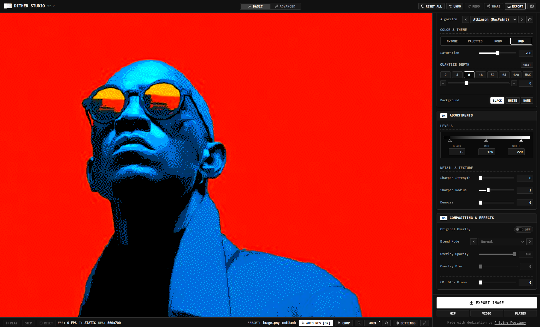 Dither Studio — a dithered blue portrait on a flat red background, with the algorithm, colour, levels and compositing panels open on the right