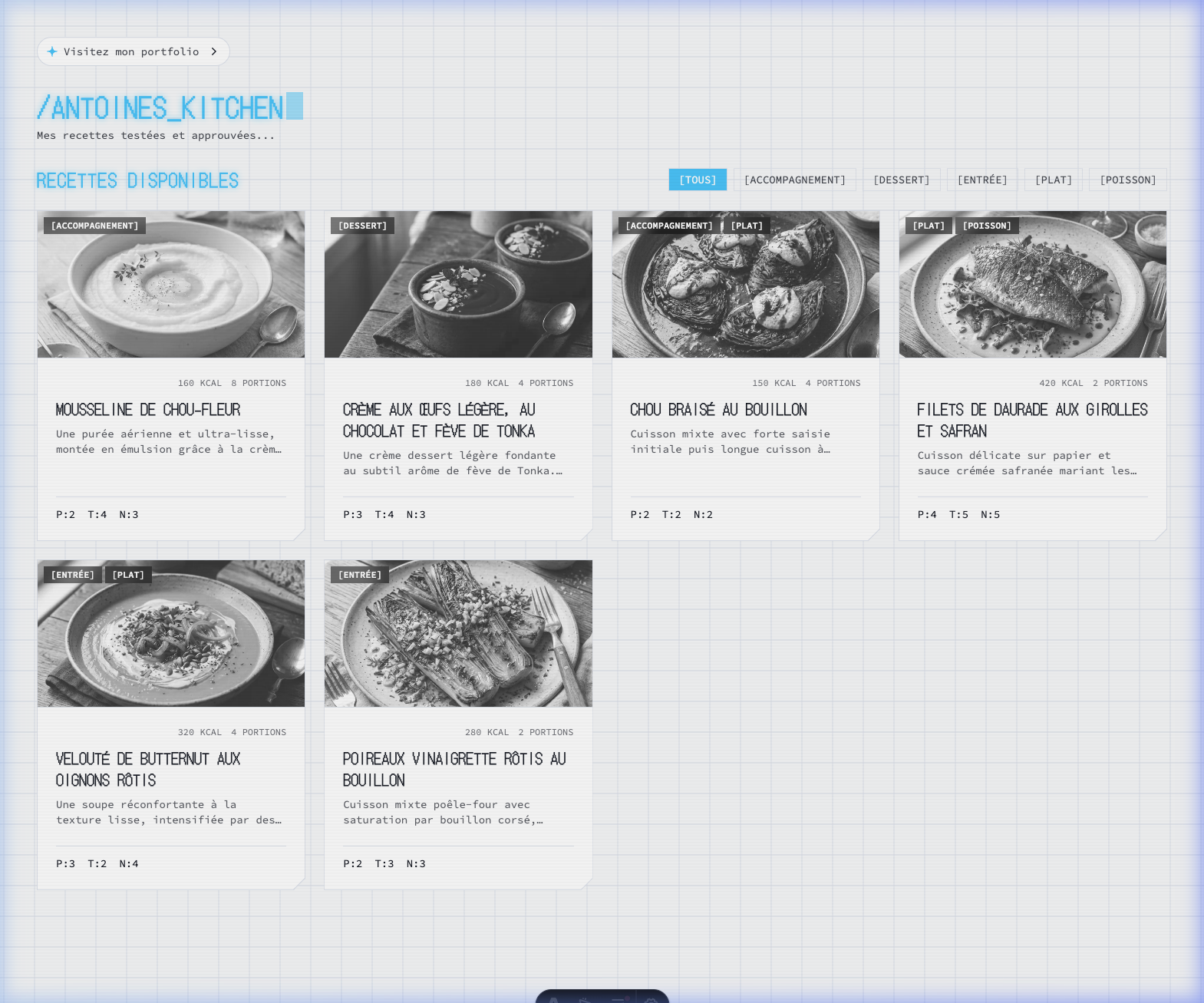 Preview of Antoine's Kitchen showing gourmet recipe cards and a beautifully plated dish