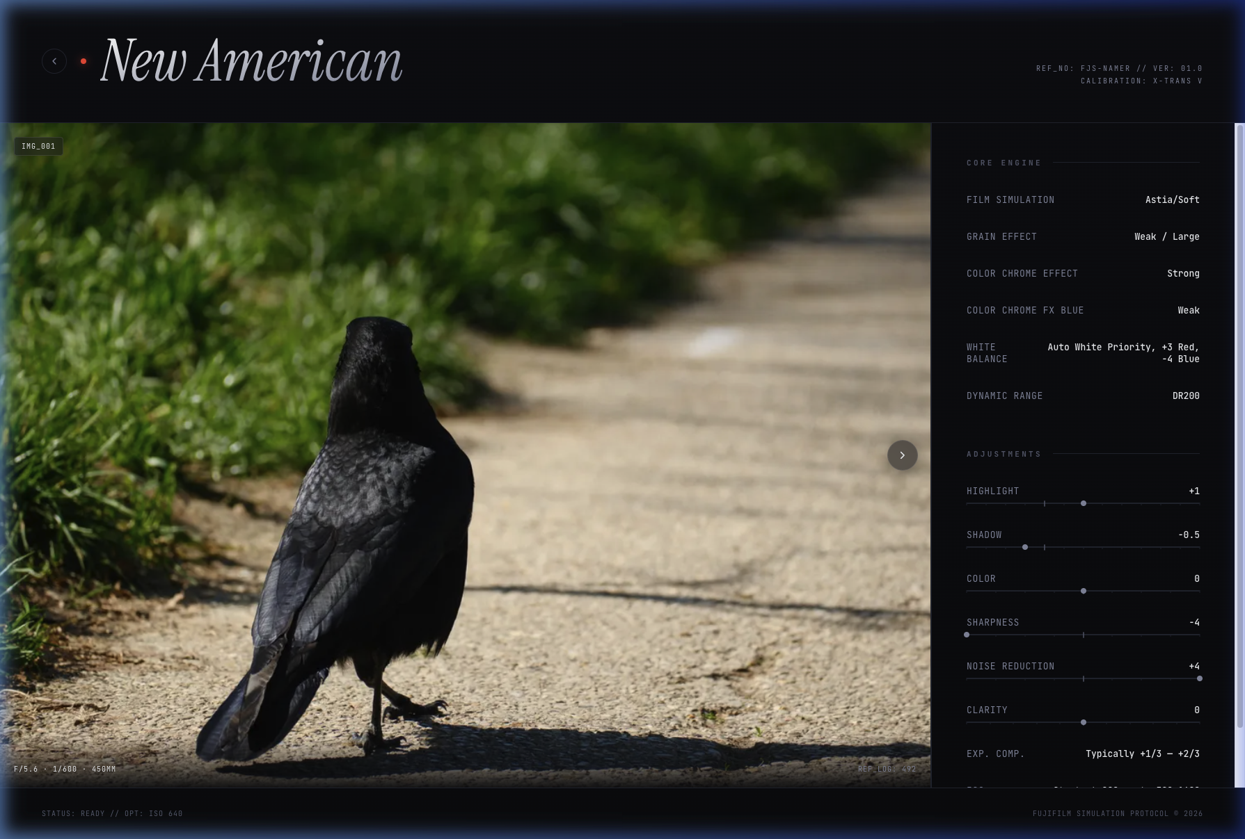 Preview of fujisims.pantoine.com — a dark, cinematic film protocol archive with serif typography and film simulation recipe cards
