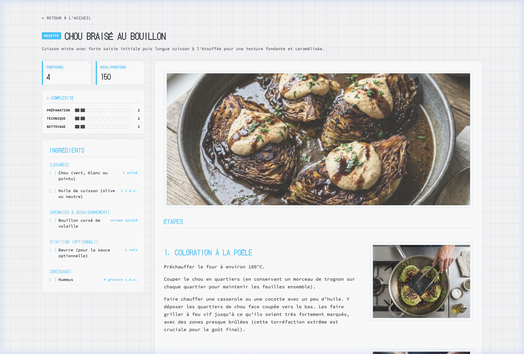 Preview of Antoine's Kitchen — a structured recipe grid with monospaced typography, category filters, and monochrome food photography